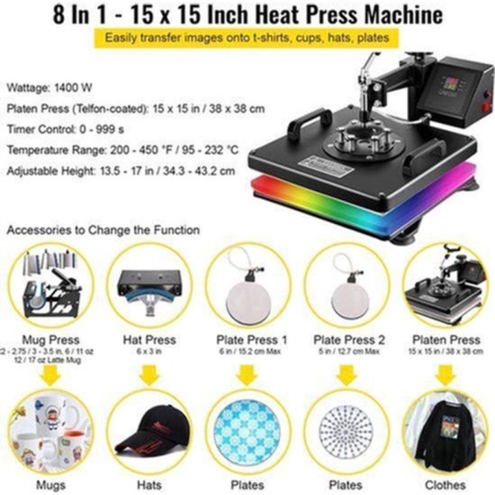 Presa termica Corenia QRE-2050763 8‑in‑1, 15×15 inch (38×38 cm) plata, 1400W, pentru tricouri, cani, sepci si farfurii, negru