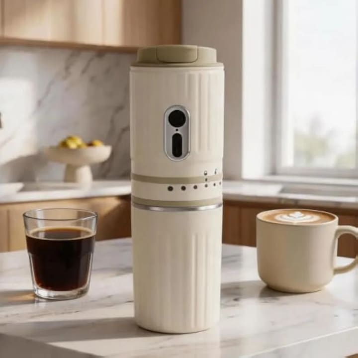 Espressor portabil, aparat de cafea electric de calatorie alb cu macinare automata si filtru din otel inoxidabil pentru drumetii si camping