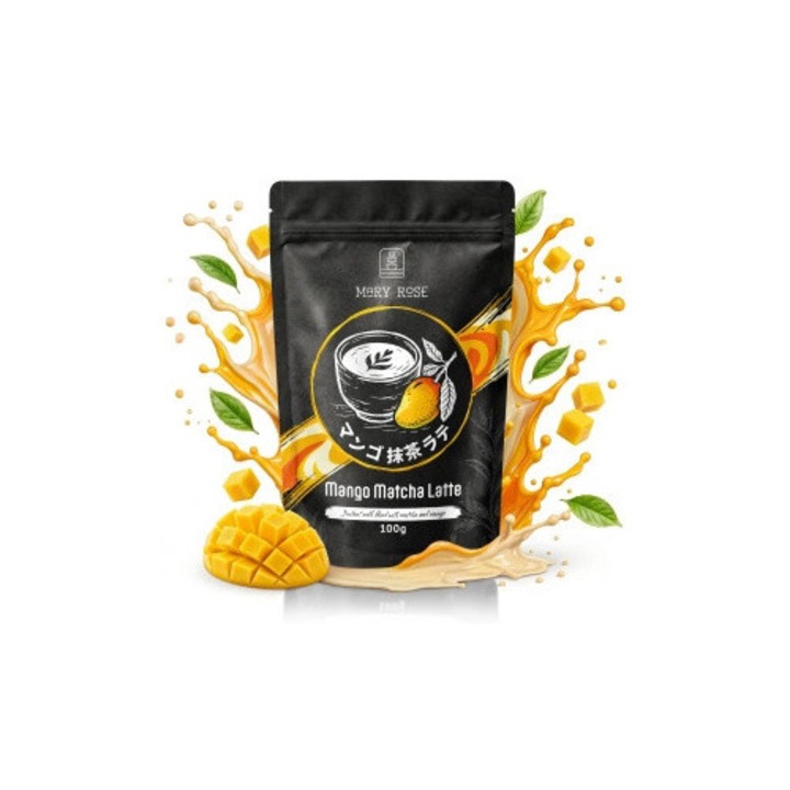 Ceai Matcha, Mary Rose, Mango Matcha Latte, Baza Instant Pentru Bautura Cu Ceai Verde Japonez Si Mango, Gust Echilibrat, Aroma Naturala, Pulbere Fina, Calitate Superioara, Selectie Premium, Japonia, 100 g
