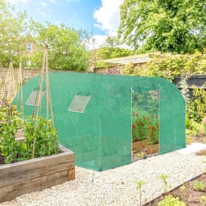 Sera Corenia QRE-2051173, cadru otel galvanizat O22 mm, folie HDPE+LDPE, 4 ferestre cu plasa insecte, usa rulanta 95x180 cm, verde, 3x4x2 m