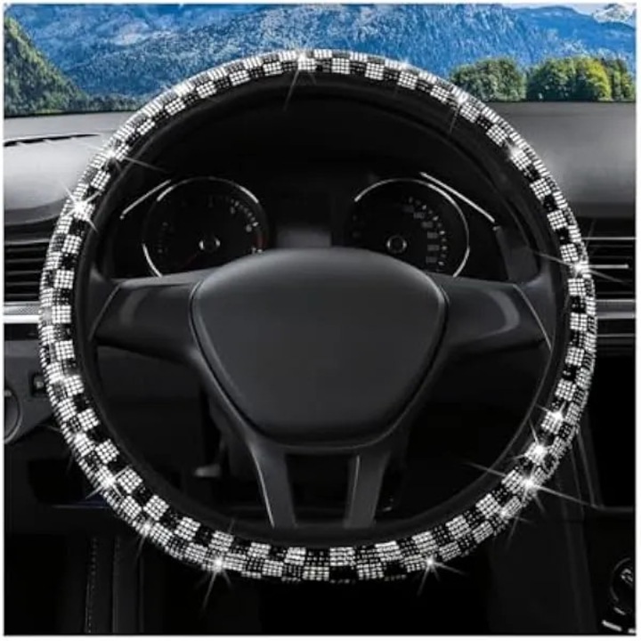 Husa pentru volan auto stralucitoare, 15" antiderapanta cu strasuri cristaline in carouri elastica extensibila pentru volanul vehiculului, accesorii stralucitoare pentru decor interior auto, potrivire universala