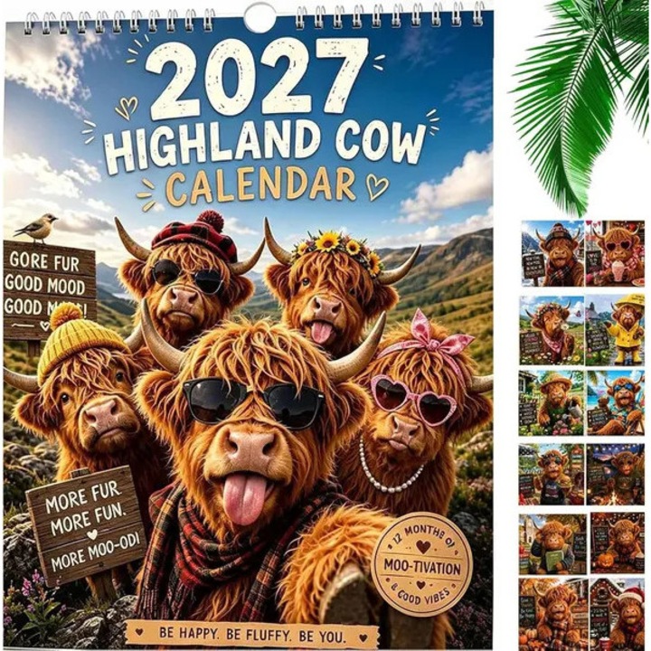 Calendar de perete 2027 Funny Highland Cow, planner lunar 12 luni cu agatatoare, decor rustic cu vaci Highland, multicolor