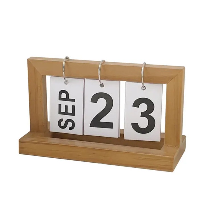 Calendar perpetual de birou din lemn, flip cu carduri pentru zi/luna/numar, natural, 20 x 12 x 9 cm, model ROSA-CJk0515-26-0907-2429