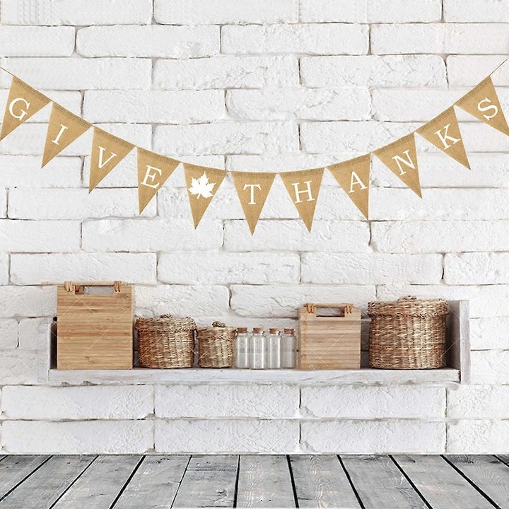 Гирлянд от зебло FQ-K0276-20260907-716, послание 'Give Thanks', 2.8 м, естествено кафяв, 1 комплект, за Деня на благодарността