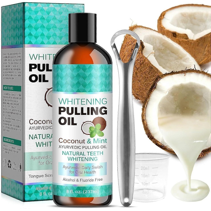 Масло за oil pulling FQ-K0276-20260907-944, кокос и мента, естествено избелване, без алкохол и флуор, 237 мл, комплект със стъргалка за език и мерителна чаша