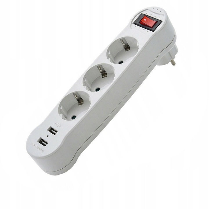 Adaptor Priza Dubla USB, Extensie 1 la 3 Prize AC + 2 USB