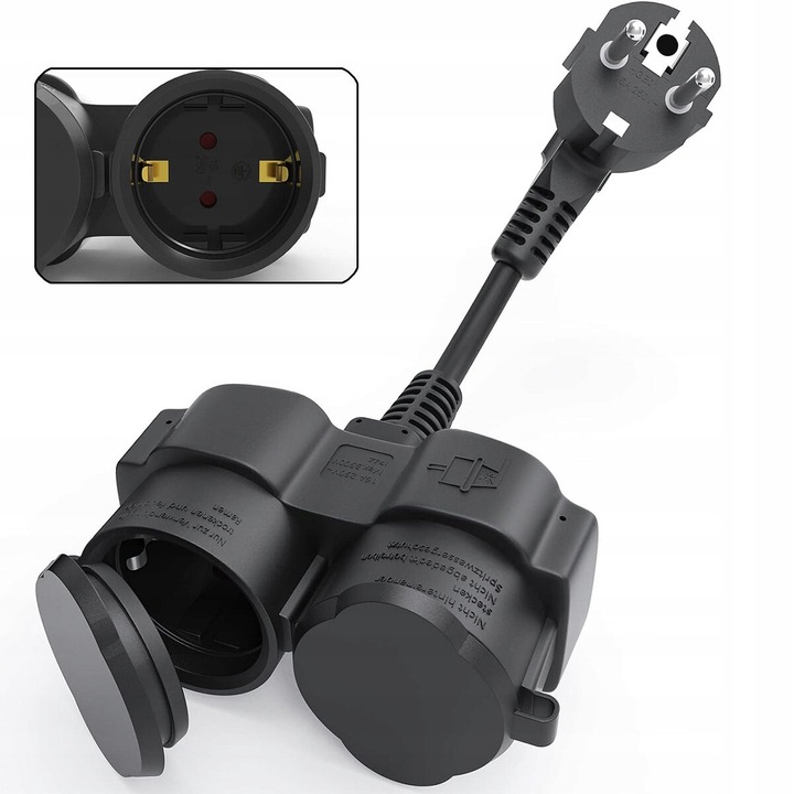 Adaptor Dublu Priza 250V/16A/3500W, Cablu Scurt 5cm, IP44 Negru