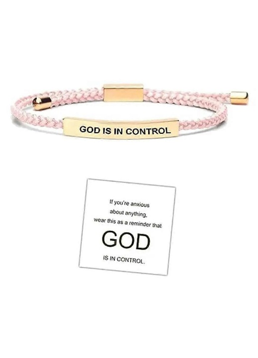 Текстилна гривна с плочка от неръждаема стомана, гравирана с "GOD IS IN CONTROL", регулируема, розова