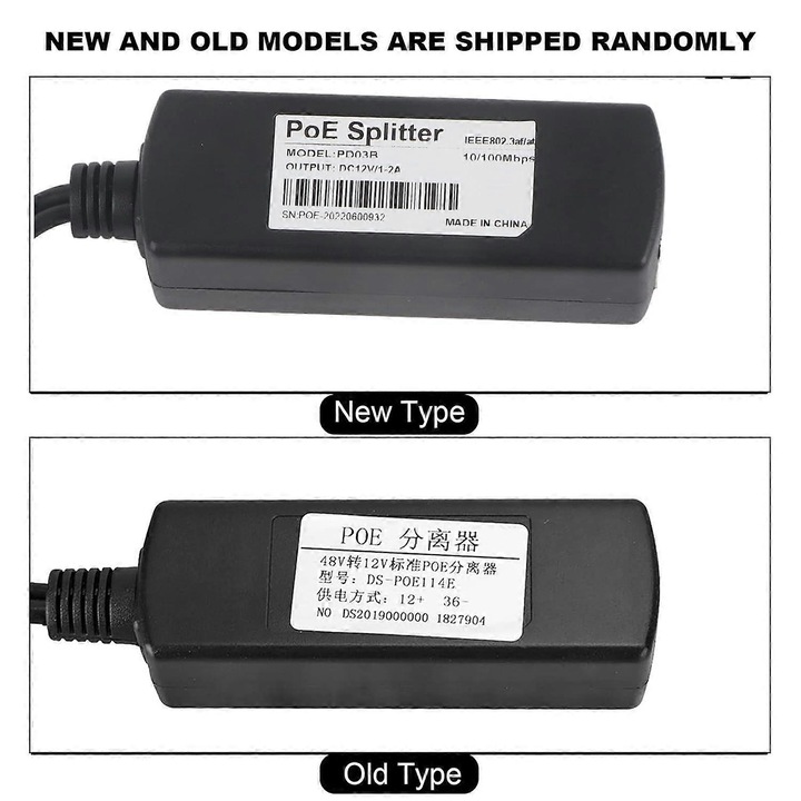 PoE адаптер 48V към 12V FQ-K0276-20260907-1048, сплитер/инжектор RJ45 към DC жак, съвместим с Hikvision/Huawei, черен