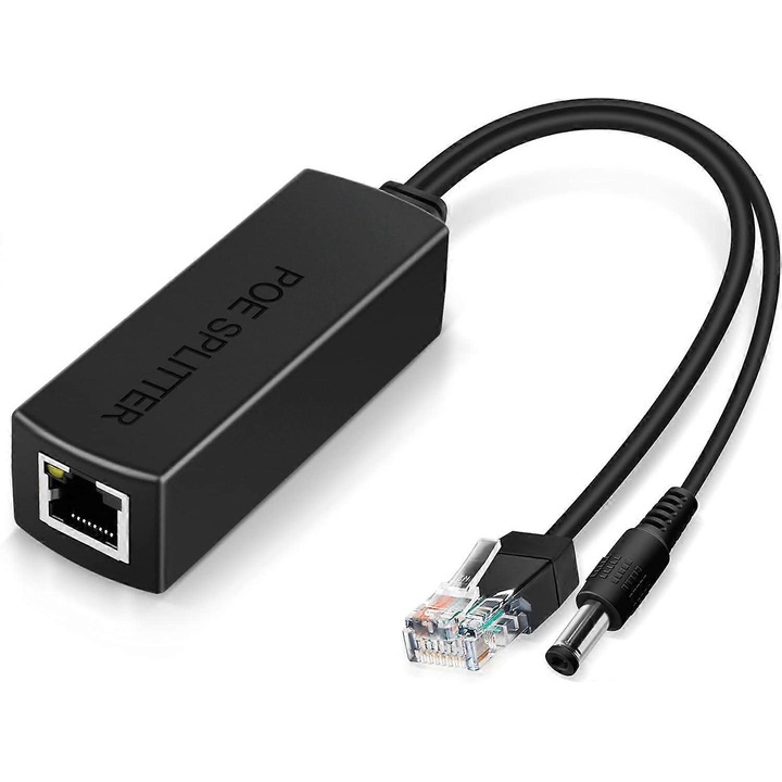 Активен PoE сплитер FQ-K0276-20260907-1042, 48V→12V, IEEE 802.3af/at, 10/100 Mbps, изход 12V 1A (жак 5.5×2.1mm), черен