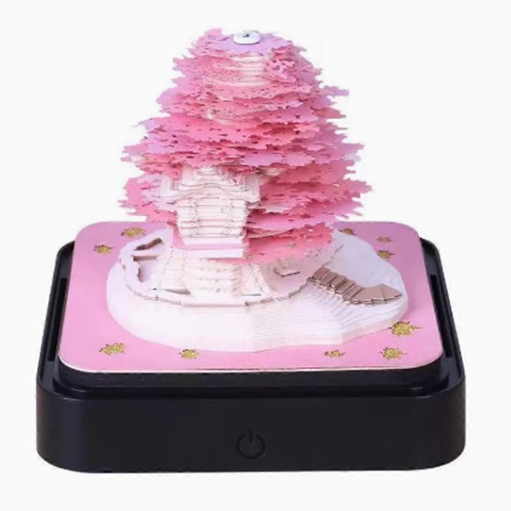 Calendar de birou 3D Sakura Tree House FU-K0276-20260907-2219, pagini decupate laser, iluminare LED alb cald, roz