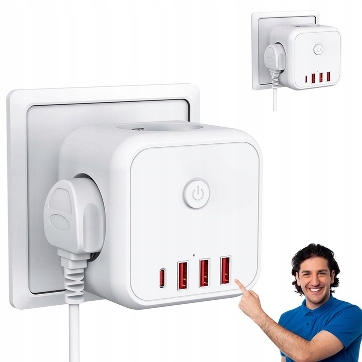 Splitter priza 3x EU, 3x USB, 1x USB-C cu comutator, alb
