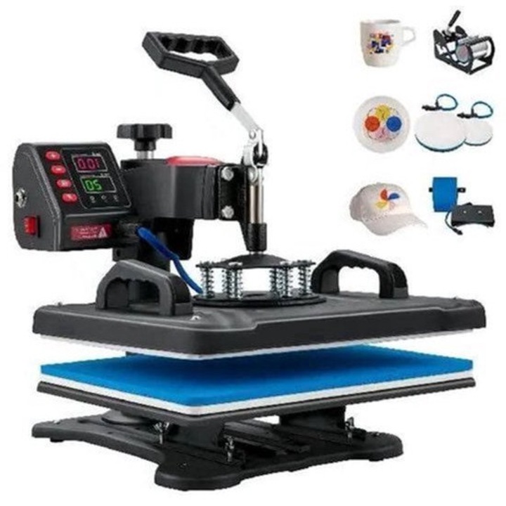 Presa termica 5-in-1 Corenia QRE-4370847, platou 12x15 inch (30 x 38 cm), digitala, 360° swing-away, teflonata, 1250W, 220-240V, negru