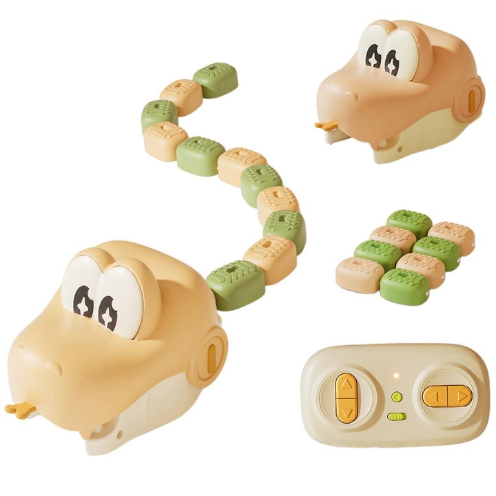 Играчка змия с дистанционно управление FU-K0276-20260907-649, магнитна със свързващи се модули, дистанционно управление, светлина и звук, презареждаема, бежово/зелено, комплект 1+8 части