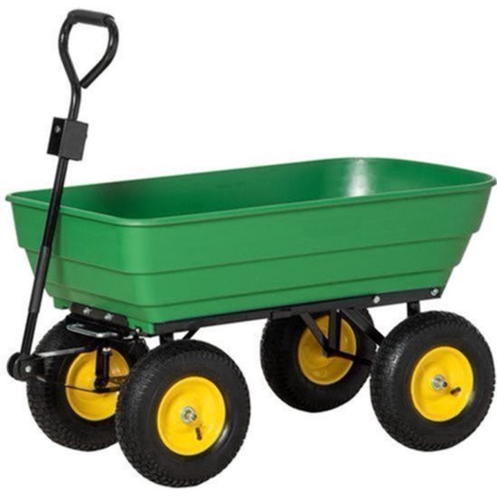 Carucior de gradina Corenia QRE-2052522, cuva 125 l, capacitate 200 kg, cadru otel, basculant 75°, 4 roti pneumatice, verde
