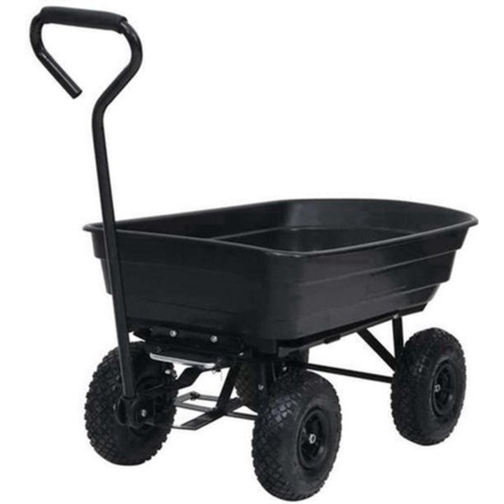 Carucior de gradina Corenia QRE-2052693, cadru metalic, capacitate 300 kg, 4 roti all-terrain, maner ergonomic, negru