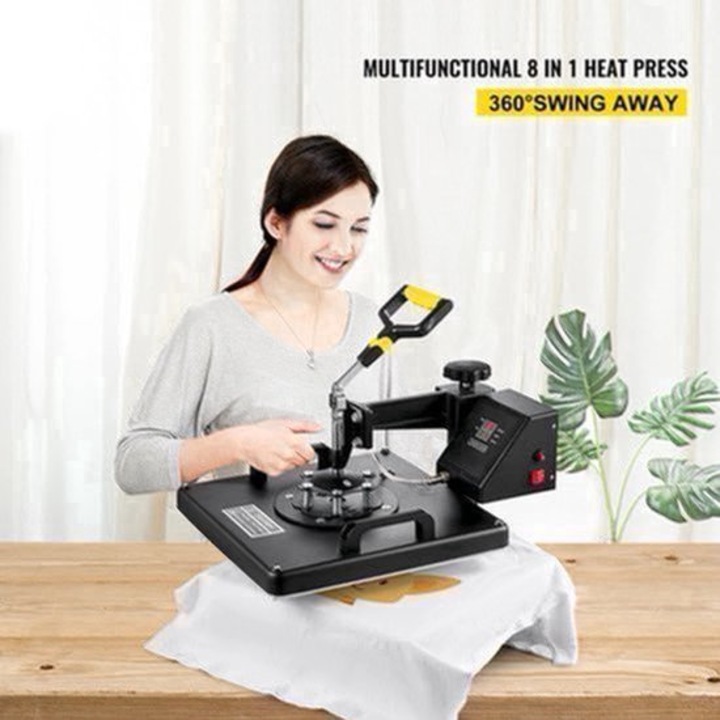 Presa termica 8‑in‑1 Corenia QRE-2052964, platan 38 x 38 cm (15x15 inch), brat rotativ 360°, display LED digital, 1250W, placi teflonate, negru, set accesorii