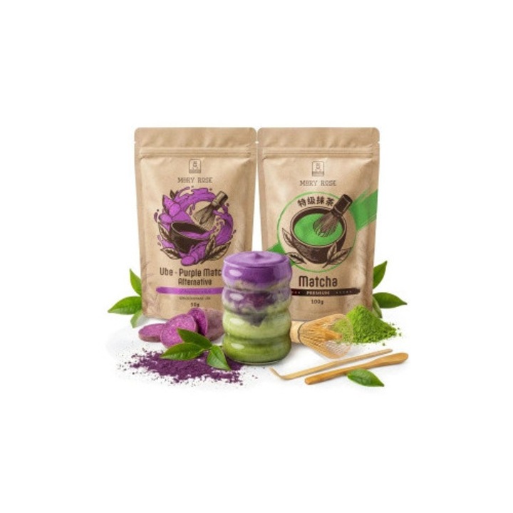 Ceai Matcha Set, Mary Rose, Ceai Verde Matcha Premium, China, Purple Matcha Ube, Bautura Fara Cofeina, Pamatuf Bambus Chasen, Spatula Chashaku, Lingurita Bambus, Pulbere Fina, Calitate Superioara, Selectie Premium, 150 g