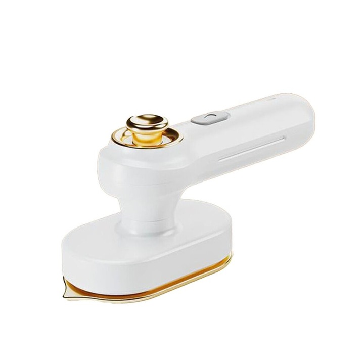 Fier de calcat cu aburi portabil CJ-OB-K0204-20260907-585, anti-oparire, rotatie 360°, priza UK, AC110V, ABS, alb/auriu, 0.43 kg