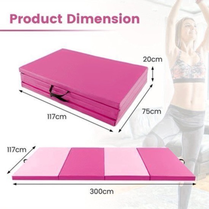Saltea fitness pliabila Corenia QRE-2104266, extra grosime, cu inchidere si maner, roz/negru, 300 x 117 cm (deschis) / 117 x 75 x 20 cm (pliat)