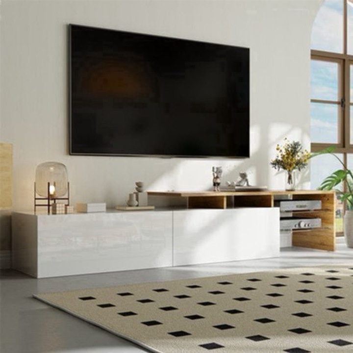 Comoda TV Corenia QRE-2054082, finisaj alb lucios, rafturi din sticla, material durabil non-lemn