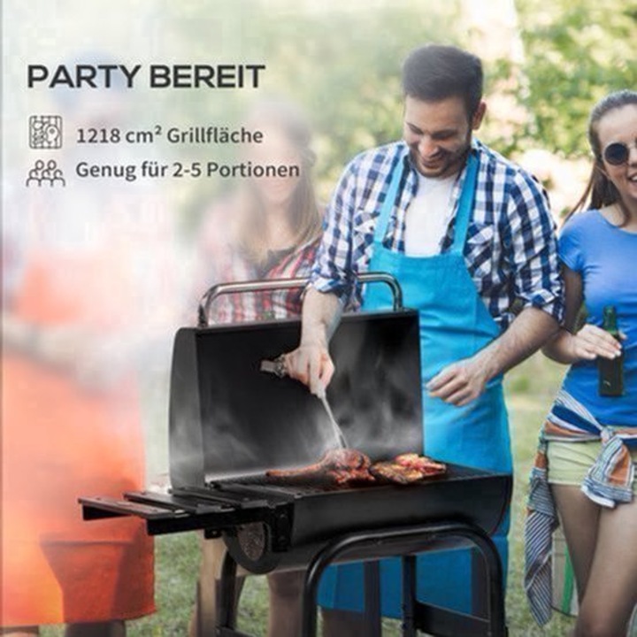 Grill pe carbune Corenia QRE-2072827, smoker cu functie de afumare, gratar 83 x 46,5 cm, termometru incorporat, ventilatie reglabila, roti 15 cm, masa laterala pliabila, negru
