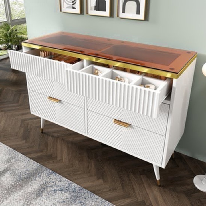 Comoda de depozitare Corenia QRE-2054893, 6 sertare, cadru din bambus vopsit alb, fronturi chihlimbar, manere aurii, 68,6 cm, 90 l