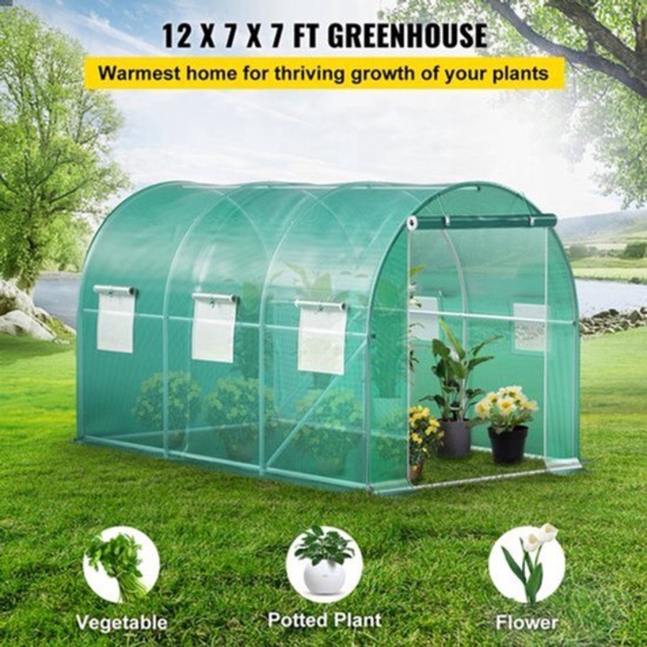 Sera tunel portabil Corenia QRE-2055160, cadru din otel galvanizat, husa PE 140 g/cm³, 6 ferestre cu plasa, verde, 3,7 x 2,1 x 2,1 m