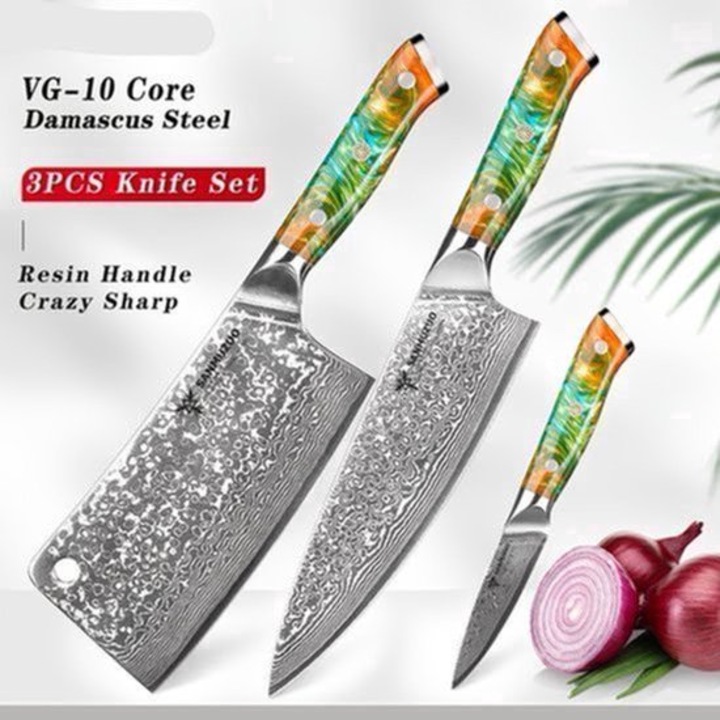 Set cutite de bucatarie Corenia QRE-2055169, VG10 damasc, maner resin multicolor, 3 piese (cutit chef, satar, cutit de curatat)