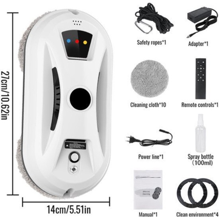 Robot pentru curatat geamuri Corenia QRE-2055839, 5600 Pa, AI V2.0, alimentare 220-240V cu baterie litiu de rezerva, telecomanda, plastic, alb, pentru geam ≥3 mm/≥45x45 cm