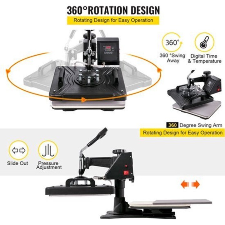 Presa termica Corenia QRE-2055990 8-in-1, 1250W, platou 12 x 15 inch, controler digital pentru temperatura/timp, rotatie 360°, negru