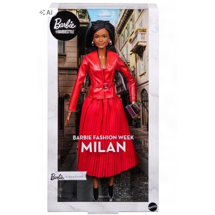 Papusa colectionara Barbie Signature Milan JJX31, tinuta rosie plisata cu jacheta si curea, accesorii (geanta, ochelari, cercei), include suport si certificat, rosu