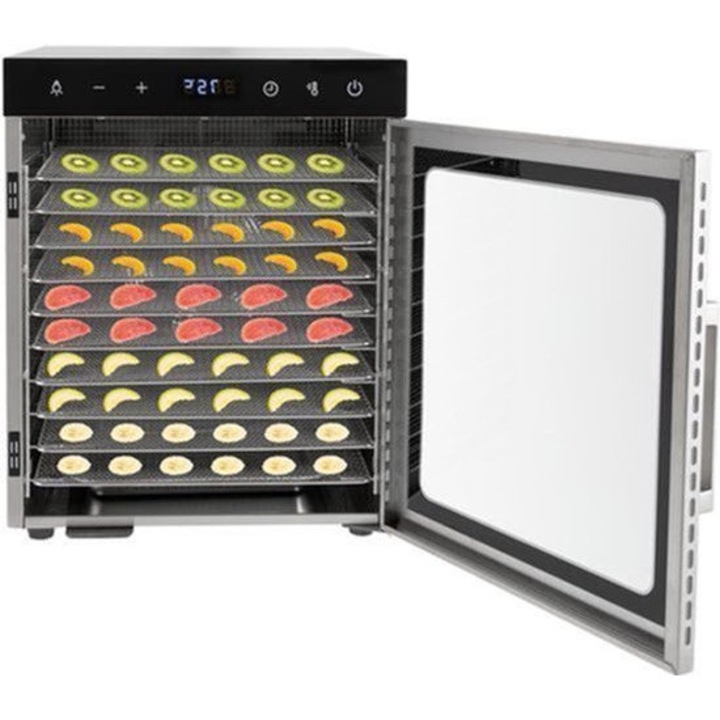 Deshidrator de alimente Corenia QRE-2056344, inox 304/201, 800W, 10 tavi, 36 L, temperatura reglabila 30-90°C, timer 1-24h, inox/negru