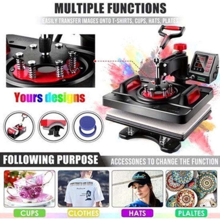 Presa termica Corenia QRE-2056587, 5-in-1 multifunctionala, suprafata 38 x 30 cm, platou rotativ 360°, control digital si timer, pentru tricouri/sepci/cani/placi, negru/rosu