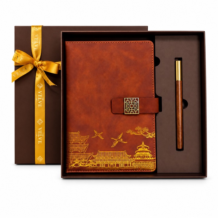 Set Oriental Notebook, cu agenda si pix, in cutie eleganta, Maro, Velve