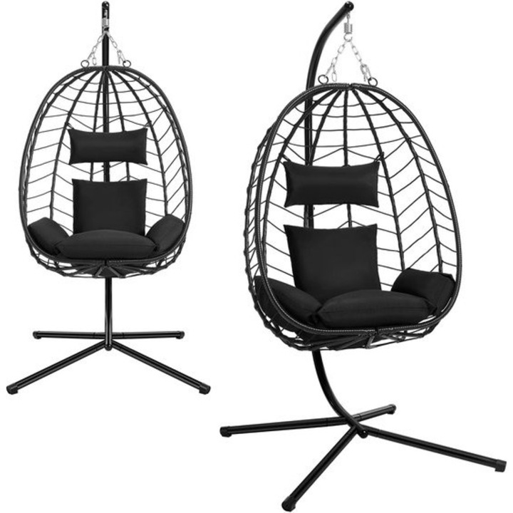 Fotoliu suspendat tip ou Corenia QRE-2057167, cadru metalic, PE-rotan, perne detasabile, 150 kg, antracit, 102 x 100 x 196 cm
