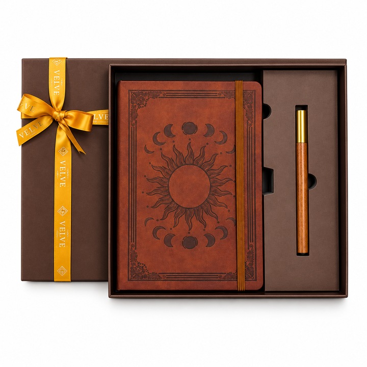 Set Celestial cu agenda vintage din piele ecologica si pix, design Soare si fazele Lunii, in cutie eleganta, Maro, Velve