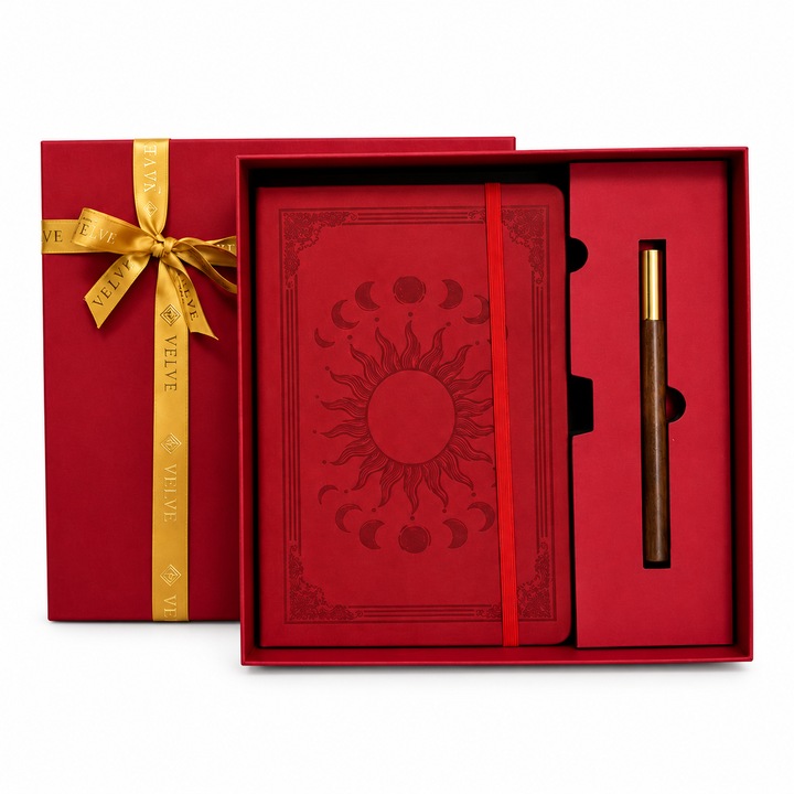 Set Celestial cu agenda vintage din piele ecologica si pix, design Soare si fazele Lunii, in cutie eleganta, Rosu, Velve