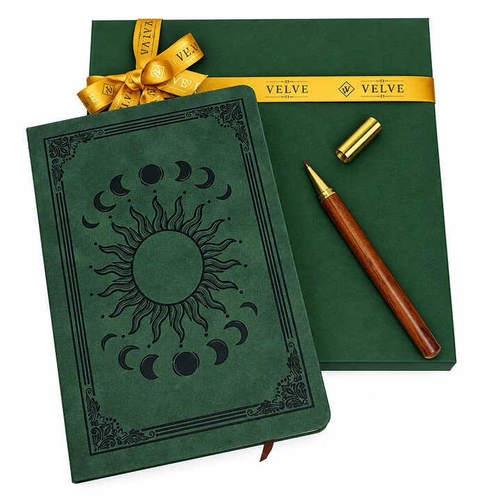 Set Celestial cu agenda vintage din piele ecologica si pix, design Soare si fazele Lunii, in cutie eleganta, Verde inchis, Velve