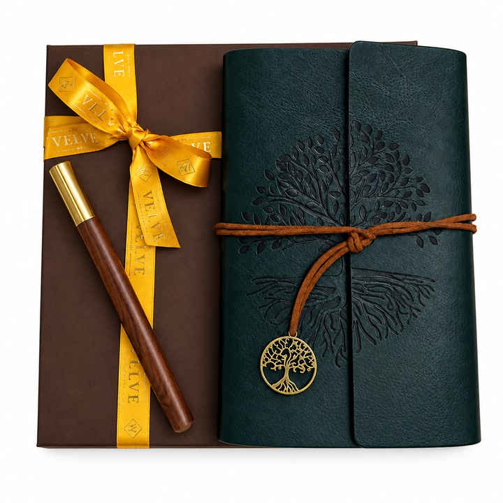 Set Tree of Life cu agenda vintage din piele ecologica si pix, in cutie eleganta, Verde inchis, Velve