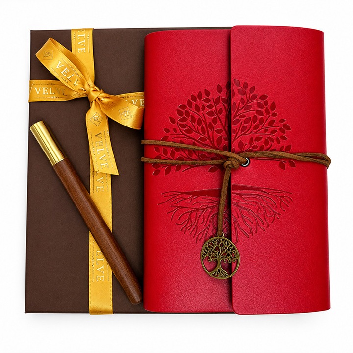 Set Tree of Life cu agenda vintage din piele ecologica si pix, in cutie eleganta, Rosu, Velve