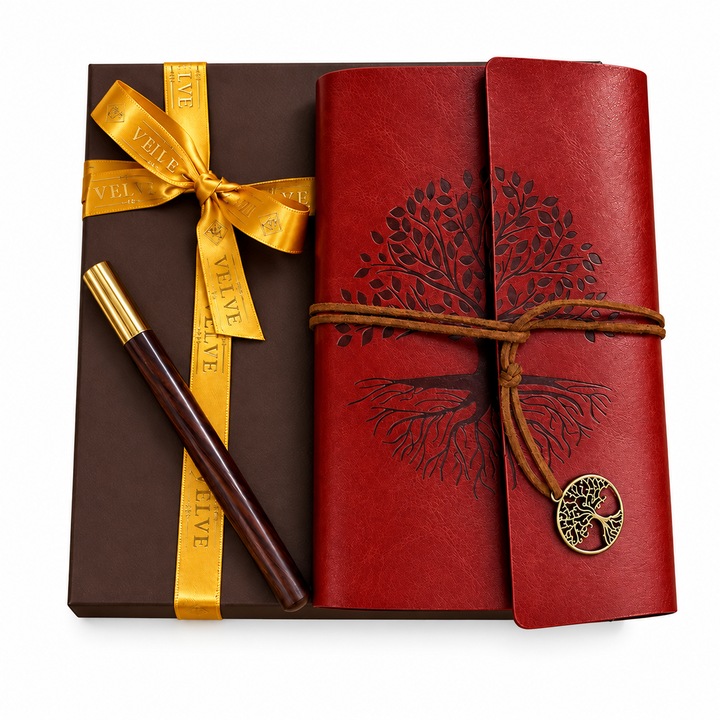 Set Tree of Life cu agenda vintage din piele ecologica si pix, in cutie eleganta, Maro, Velve