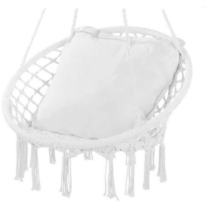 Fotoliu suspendat macrame Corenia QRE-2059698, din sfoara de bumbac cu perna, alb, 80 x 62.5 x 80 cm, capacitate 150 kg