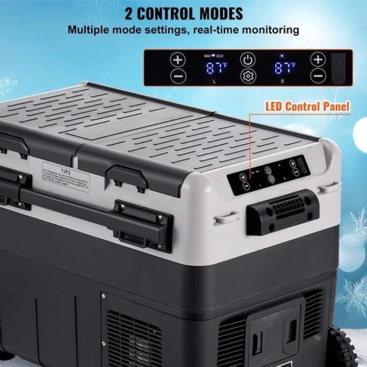 Frigider portabil cu compresor Corenia QRE-2078795, 50 L, racire/congelare -20°C pana la +20°C, functionare 12/24V DC si 110/230V AC, cu roti si tija telescopica, panou LCD, negru/gri