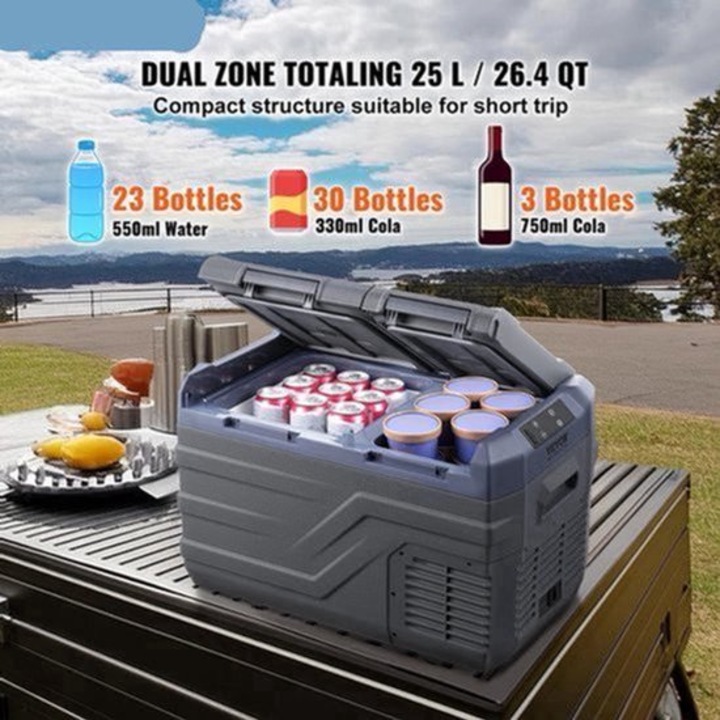 Frigider portabil Corenia QRE-2083006, 25 L dual zone, compresor, temperatura reglabila -20°C/+20°C, 12/24V si 100-240V, silentios (≤45 dB), gri