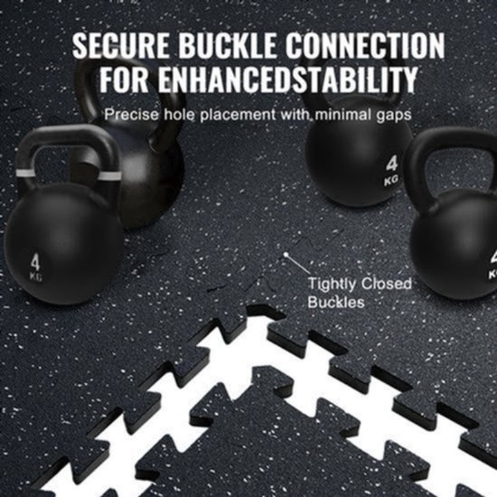 Placi pentru podea fitness Corenia QRE-2092769, set 25 placi + 50 piese margina, strat superior cauciucat + nucleu EVA, grosime 1,42 cm, negru/alb, acoperire 9,3 m² (30 x 30 cm/placa)
