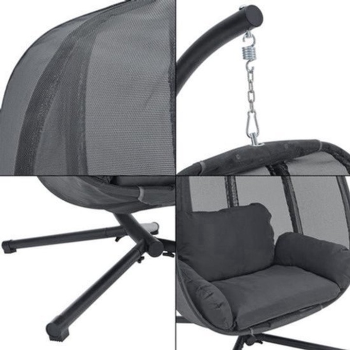 Fotoliu suspendat cu cadru Corenia QRE-2060479, cadru din otel, perna 6 cm, capacitate 120 kg, gri inchis, 168 x 120 x 108 cm