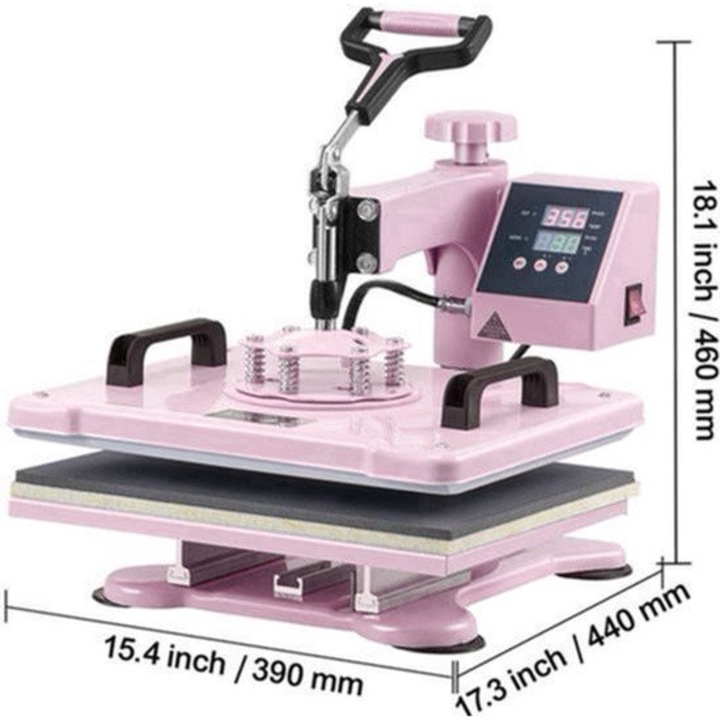 Presa termica transfer Corenia QRE-2061978, 8-in-1 cu placa 30,5x38,1 cm, set pentru cani 6oz/12oz/17oz/30oz, temperatura digitala 0–250°C si timp 0–999s, roz, 220V