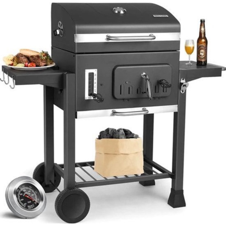 Gratar pe carbuni Corenia QRE-2096371, smoker XXL cu suprafata de gatit 64x46 cm, lada reglabila pentru carbuni 6 pozitii, termometru integrat, mese laterale pliante, roti, cos de cenusa, gri cu accente negre, 130x137x49 cm