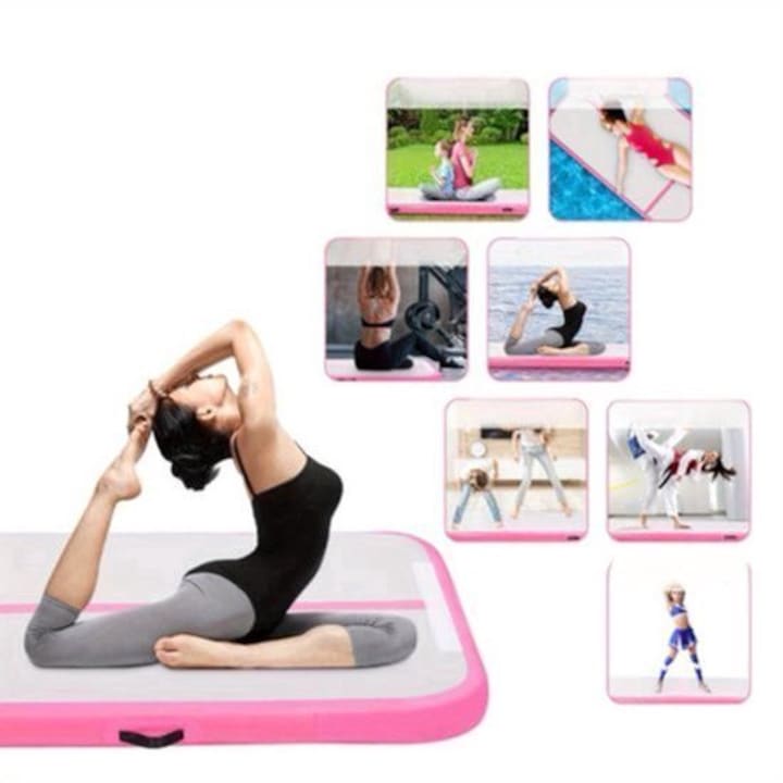 Saltea gonflabila pentru gimnastica Corenia QRE-2079627, PVC durabil, 3 m x 1 m x 10 cm, roz/gri